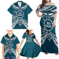 Kia Orana Cook Islands Family Matching Off Shoulder Maxi Dress and Hawaiian Shirt Polynesian Turtle Crowberry Blue Color LT14 - Polynesian Pride