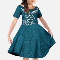 Kia Orana Cook Islands Family Matching Puletasi and Hawaiian Shirt Polynesian Turtle Crowberry Blue Color LT14 Daughter's Dress Crowberry Blue - Polynesian Pride