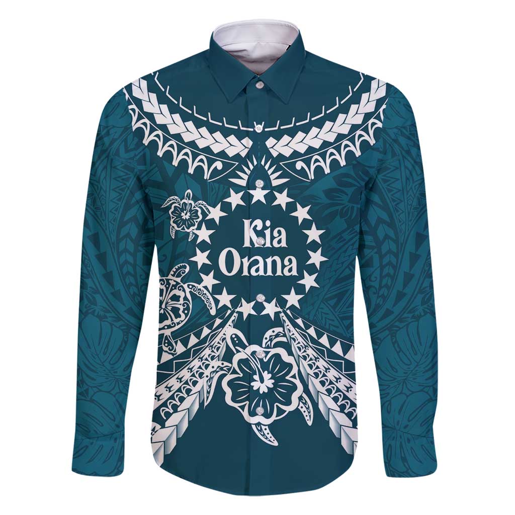 Kia Orana Cook Islands Family Matching Tank Maxi Dress and Hawaiian Shirt Polynesian Turtle Crowberry Blue Color LT14 Dad's Shirt - Long Sleeve Crowberry Blue - Polynesian Pride