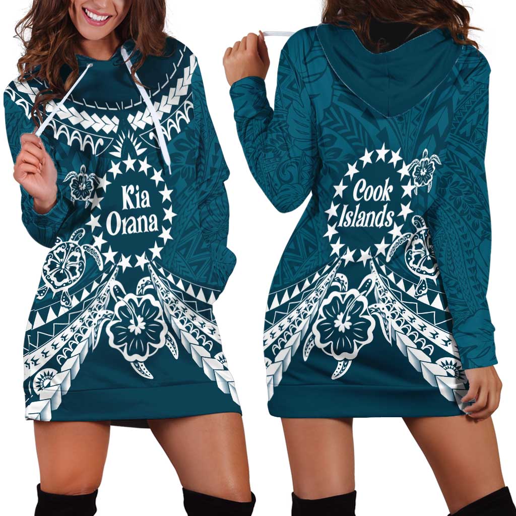 Kia Orana Cook Islands Hoodie Dress Polynesian Turtle Crowberry Blue Color LT14 - Polynesian Pride