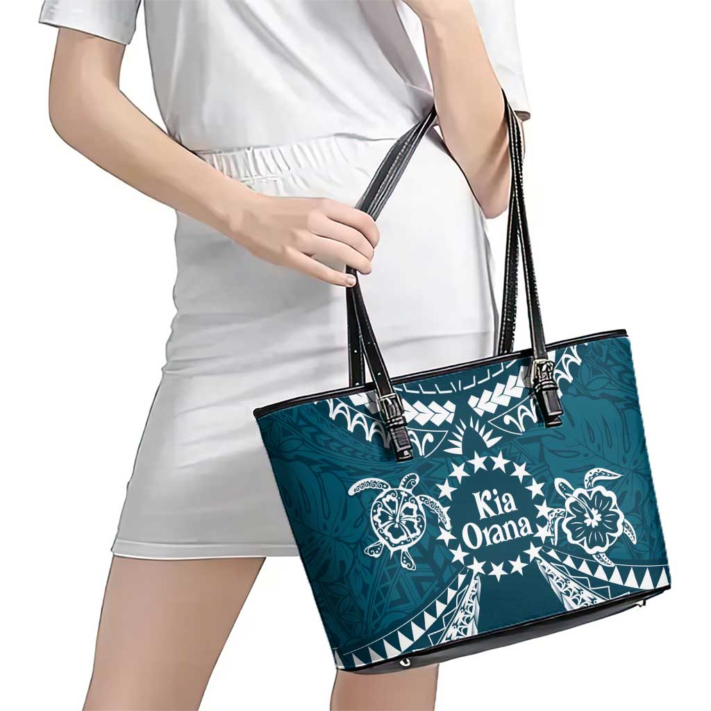 Kia Orana Cook Islands Leather Tote Bag Polynesian Turtle Crowberry Blue Color