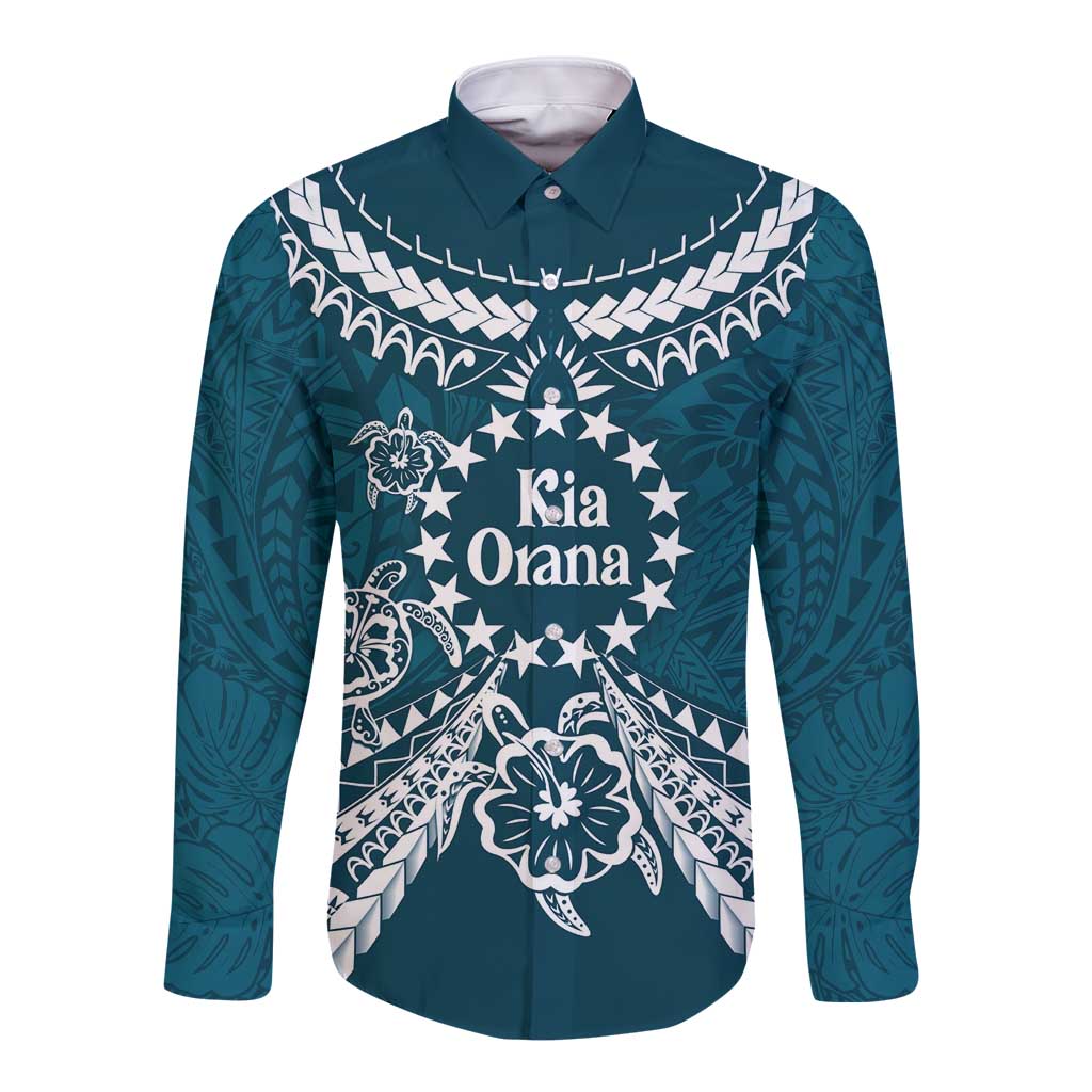 Kia Orana Cook Islands Long Sleeve Button Shirt Polynesian Turtle Crowberry Blue Color