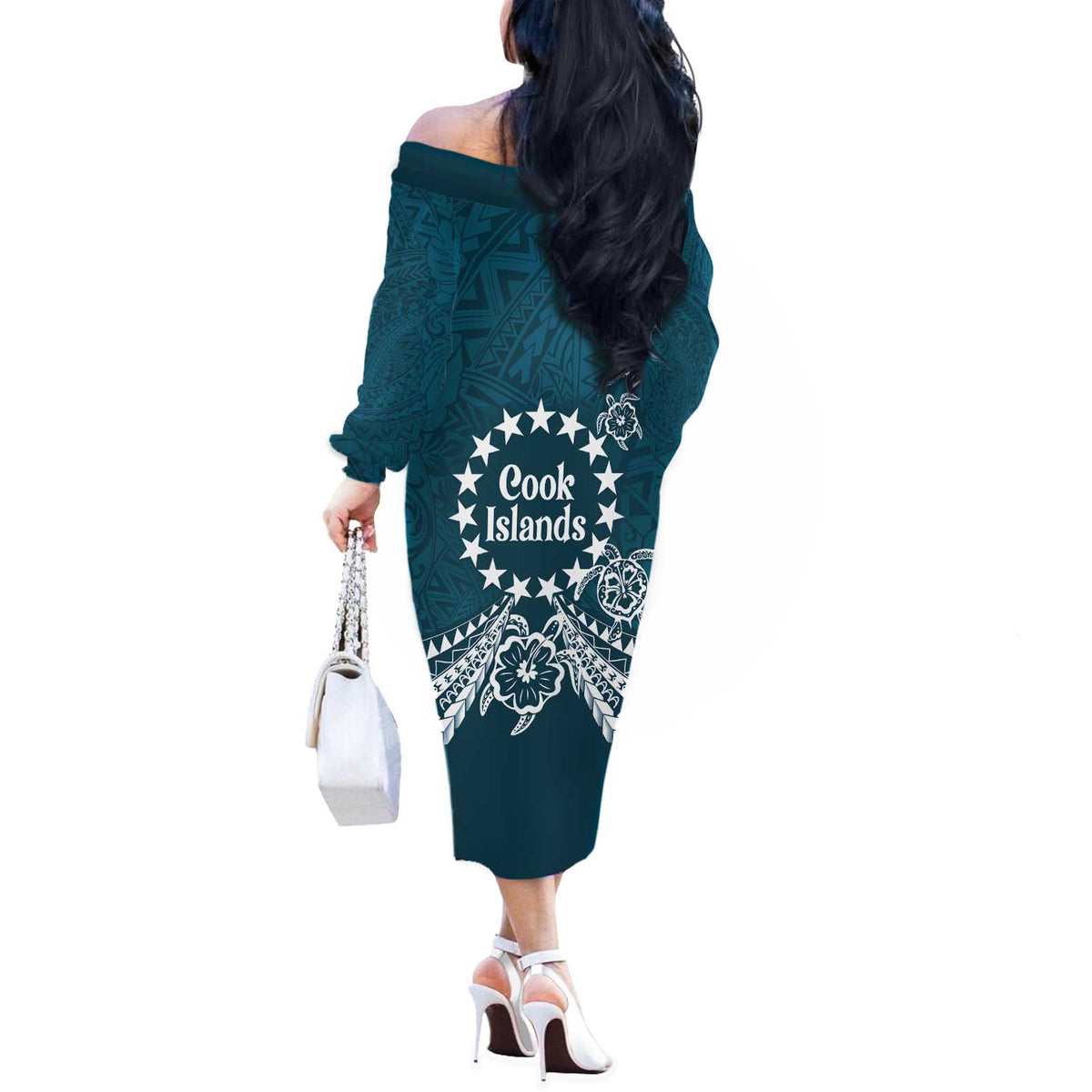Kia Orana Cook Islands Off The Shoulder Long Sleeve Dress Polynesian Turtle Crowberry Blue Color LT14 - Polynesian Pride