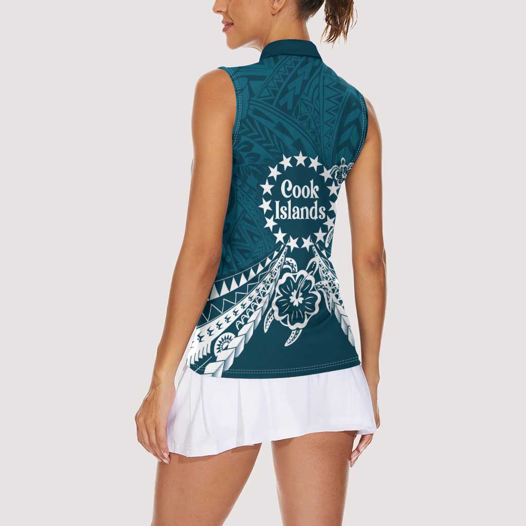 Kia Orana Cook Islands Women Sleeveless Polo Shirt Polynesian Turtle Crowberry Blue Color LT14 - Polynesian Pride