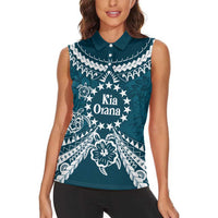 Kia Orana Cook Islands Women Sleeveless Polo Shirt Polynesian Turtle Crowberry Blue Color LT14 - Polynesian Pride
