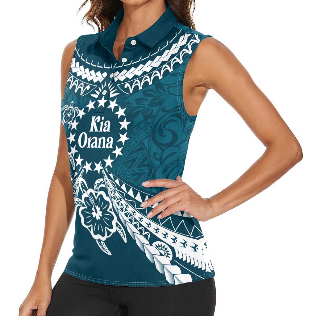 Kia Orana Cook Islands Women Sleeveless Polo Shirt Polynesian Turtle Crowberry Blue Color LT14 - Polynesian Pride