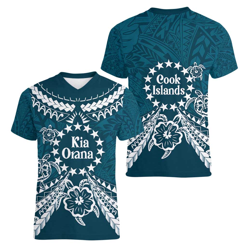 Kia Orana Cook Islands Women V-Neck T-Shirt Polynesian Turtle Crowberry Blue Color LT14 - Polynesian Pride