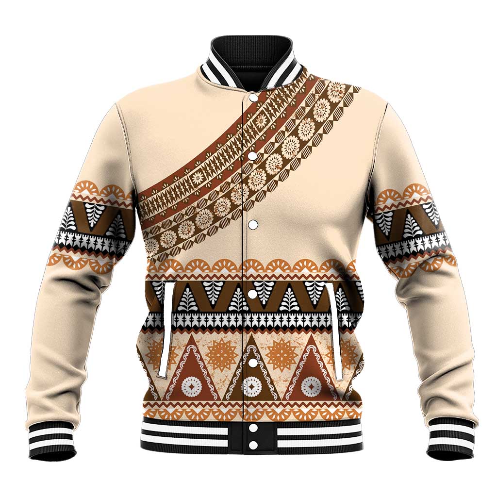 Bula Fiji Baseball Jacket 2025 Pasifika Traditional Fijian Masi LT14 Unisex Beige - Polynesian Pride