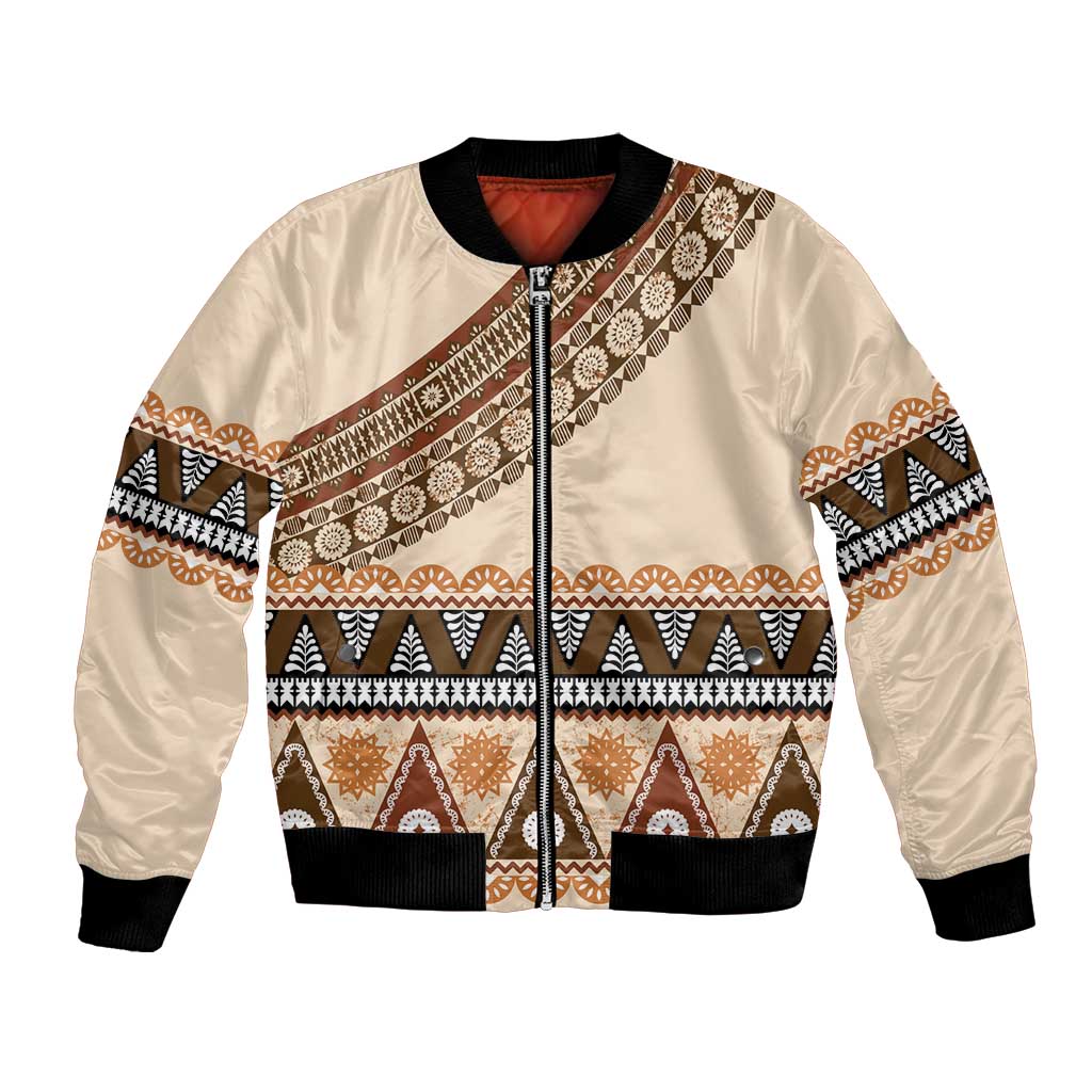 Bula Fiji Bomber Jacket 2025 Pasifika Traditional Fijian Masi LT14 Unisex Beige - Polynesian Pride