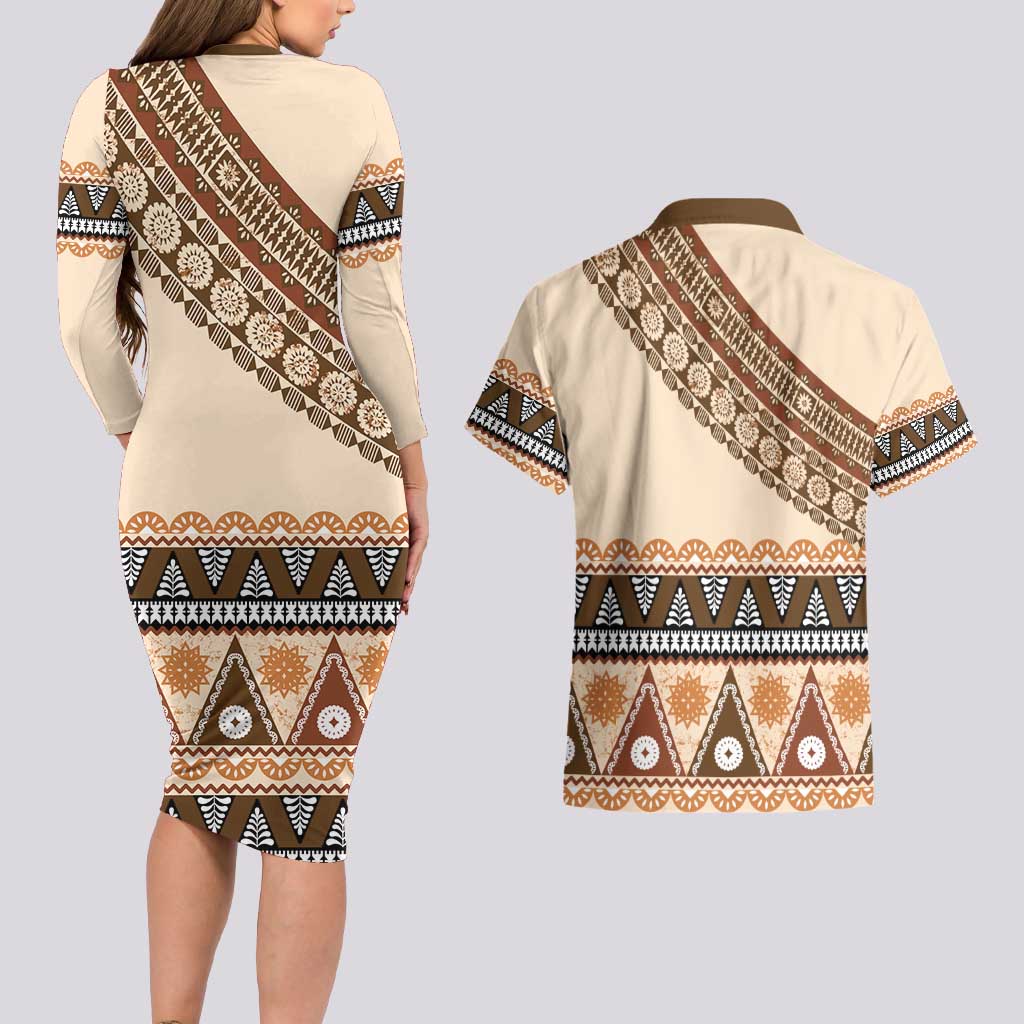 Bula Fiji Couples Matching Long Sleeve Bodycon Dress and Hawaiian Shirt 2025 Pasifika Traditional Fijian Masi LT14 - Polynesian Pride