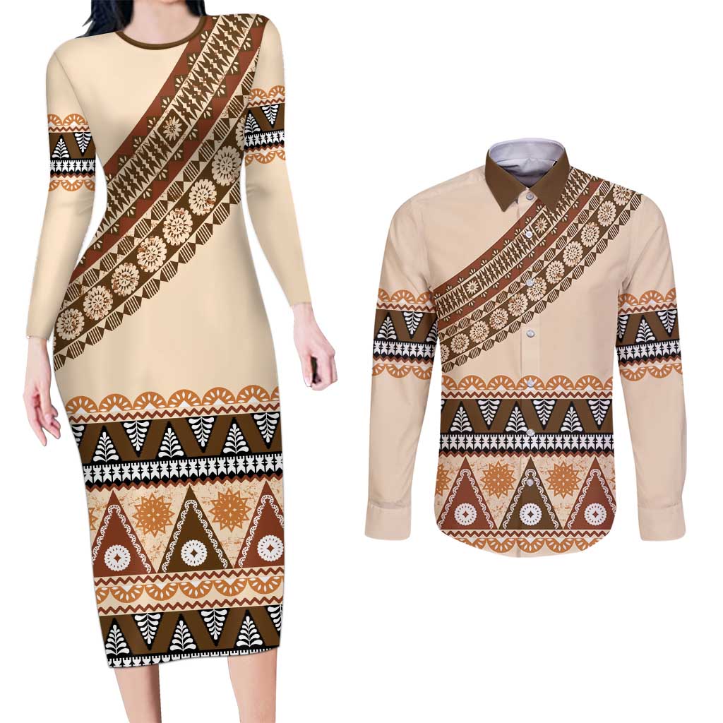 Bula Fiji Couples Matching Long Sleeve Bodycon Dress and Long Sleeve Button Shirt 2025 Pasifika Traditional Fijian Masi LT14 Beige - Polynesian Pride