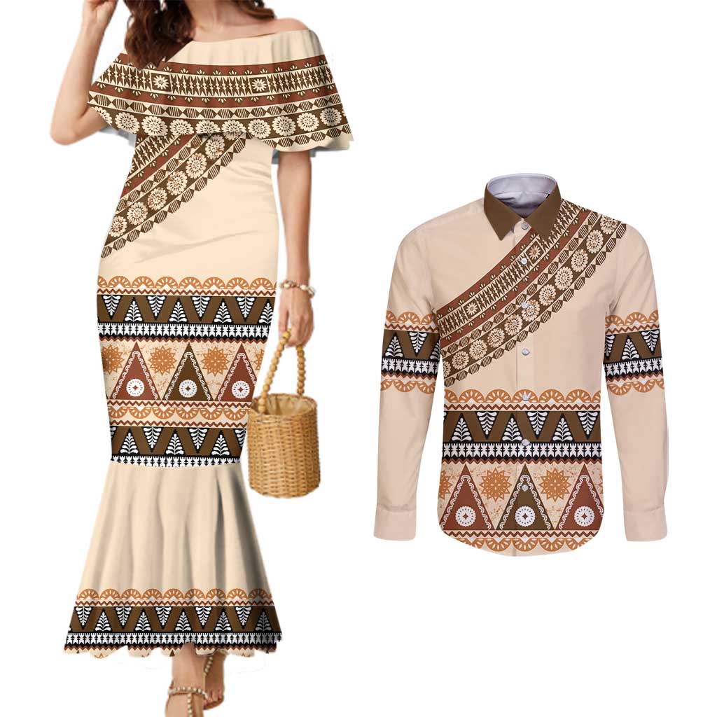 Bula Fiji Couples Matching Mermaid Dress and Long Sleeve Button Shirt 2025 Pasifika Traditional Fijian Masi LT14 Beige - Polynesian Pride