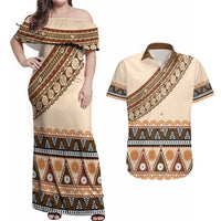 Bula Fiji Couples Matching Off Shoulder Maxi Dress and Hawaiian Shirt 2025 Pasifika Traditional Fijian Masi LT14 Beige - Polynesian Pride