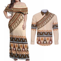 Bula Fiji Couples Matching Off Shoulder Maxi Dress and Long Sleeve Button Shirt 2025 Pasifika Traditional Fijian Masi LT14 Beige - Polynesian Pride