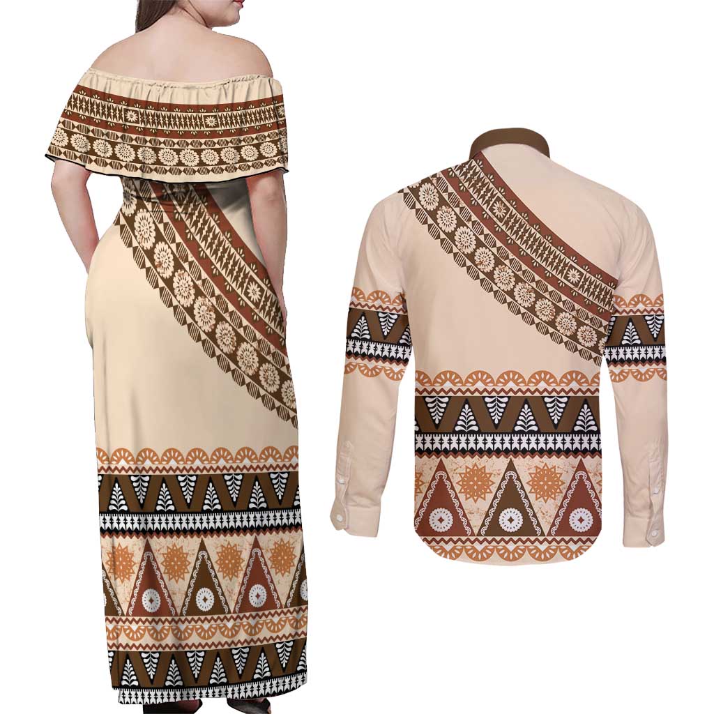 Bula Fiji Couples Matching Off Shoulder Maxi Dress and Long Sleeve Button Shirt 2025 Pasifika Traditional Fijian Masi LT14 - Polynesian Pride