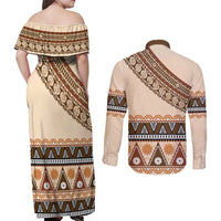 Bula Fiji Couples Matching Off Shoulder Maxi Dress and Long Sleeve Button Shirt 2025 Pasifika Traditional Fijian Masi LT14 - Polynesian Pride