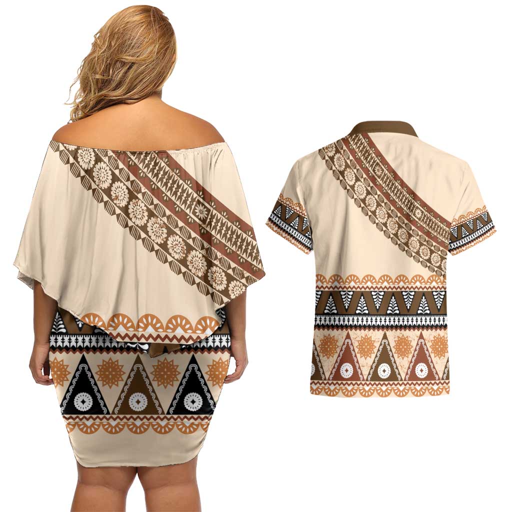 Bula Fiji Couples Matching Off Shoulder Short Dress and Hawaiian Shirt 2025 Pasifika Traditional Fijian Masi LT14 - Polynesian Pride