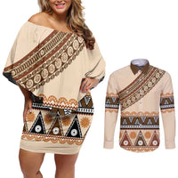 Bula Fiji Couples Matching Off Shoulder Short Dress and Long Sleeve Button Shirt 2025 Pasifika Traditional Fijian Masi LT14 Beige - Polynesian Pride
