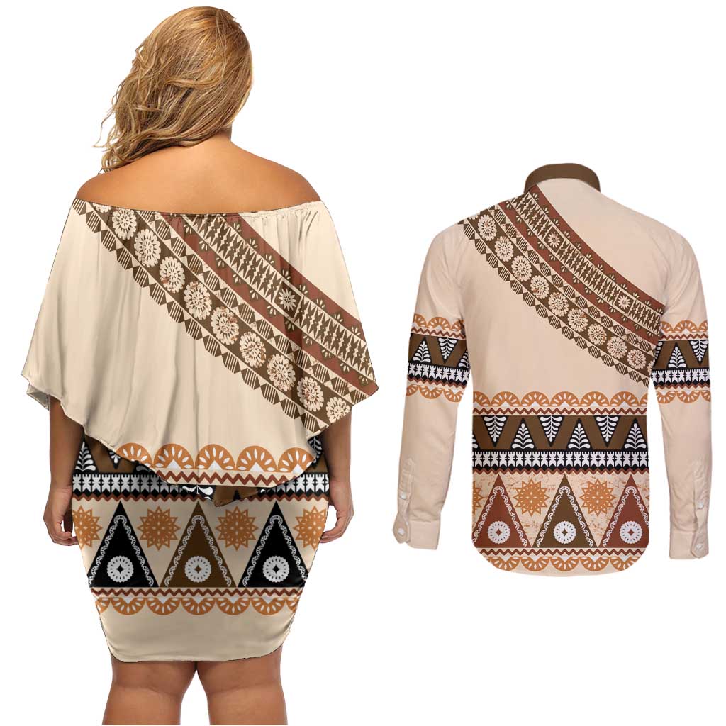 Bula Fiji Couples Matching Off Shoulder Short Dress and Long Sleeve Button Shirt 2025 Pasifika Traditional Fijian Masi LT14 - Polynesian Pride