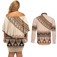 Bula Fiji Couples Matching Off Shoulder Short Dress and Long Sleeve Button Shirt 2025 Pasifika Traditional Fijian Masi LT14 - Polynesian Pride