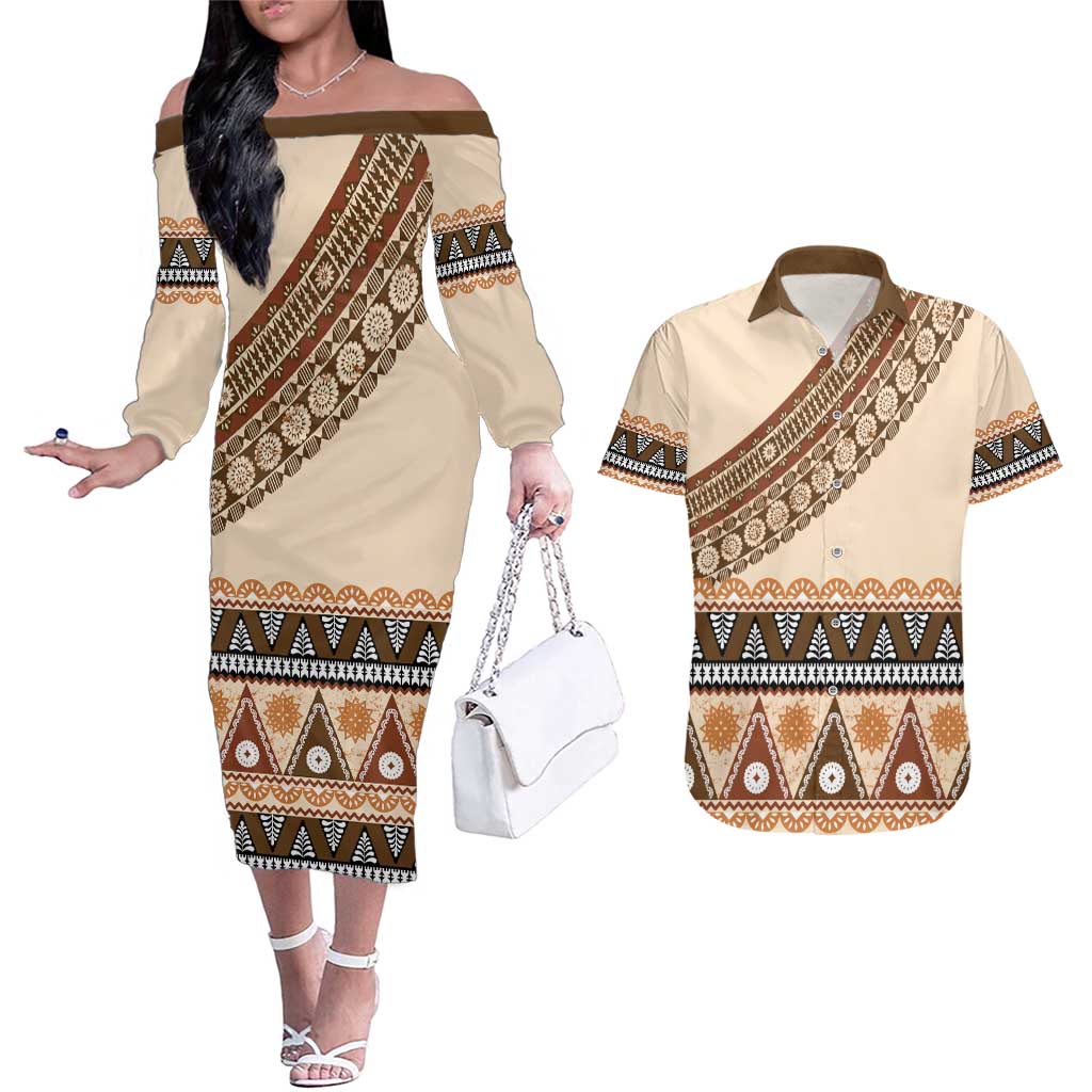 Bula Fiji Couples Matching Off The Shoulder Long Sleeve Dress and Hawaiian Shirt 2025 Pasifika Traditional Fijian Masi LT14 Beige - Polynesian Pride