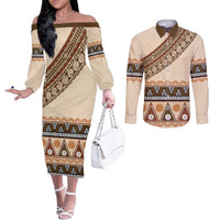 Bula Fiji Couples Matching Off The Shoulder Long Sleeve Dress and Long Sleeve Button Shirt 2025 Pasifika Traditional Fijian Masi LT14 Beige - Polynesian Pride