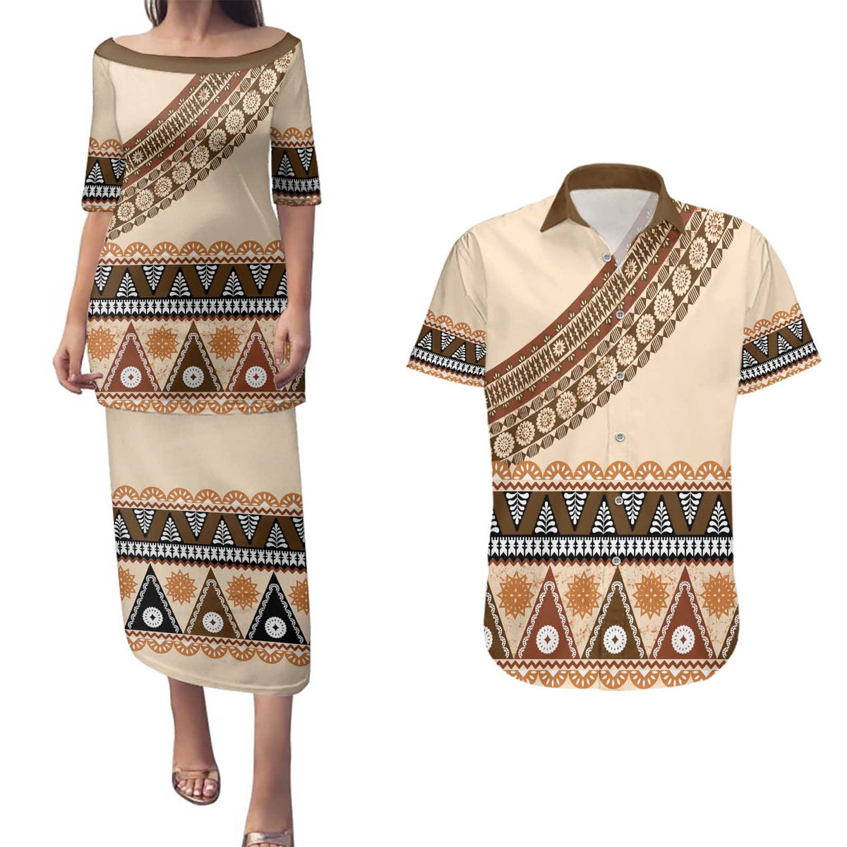 Bula Fiji Couples Matching Puletasi and Hawaiian Shirt 2025 Pasifika Traditional Fijian Masi LT14 Beige - Polynesian Pride