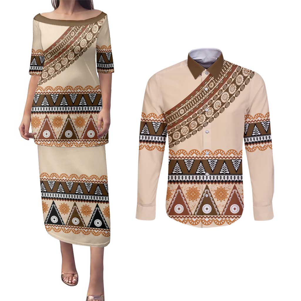 Bula Fiji Couples Matching Puletasi and Long Sleeve Button Shirt 2025 Pasifika Traditional Fijian Masi LT14 Beige - Polynesian Pride
