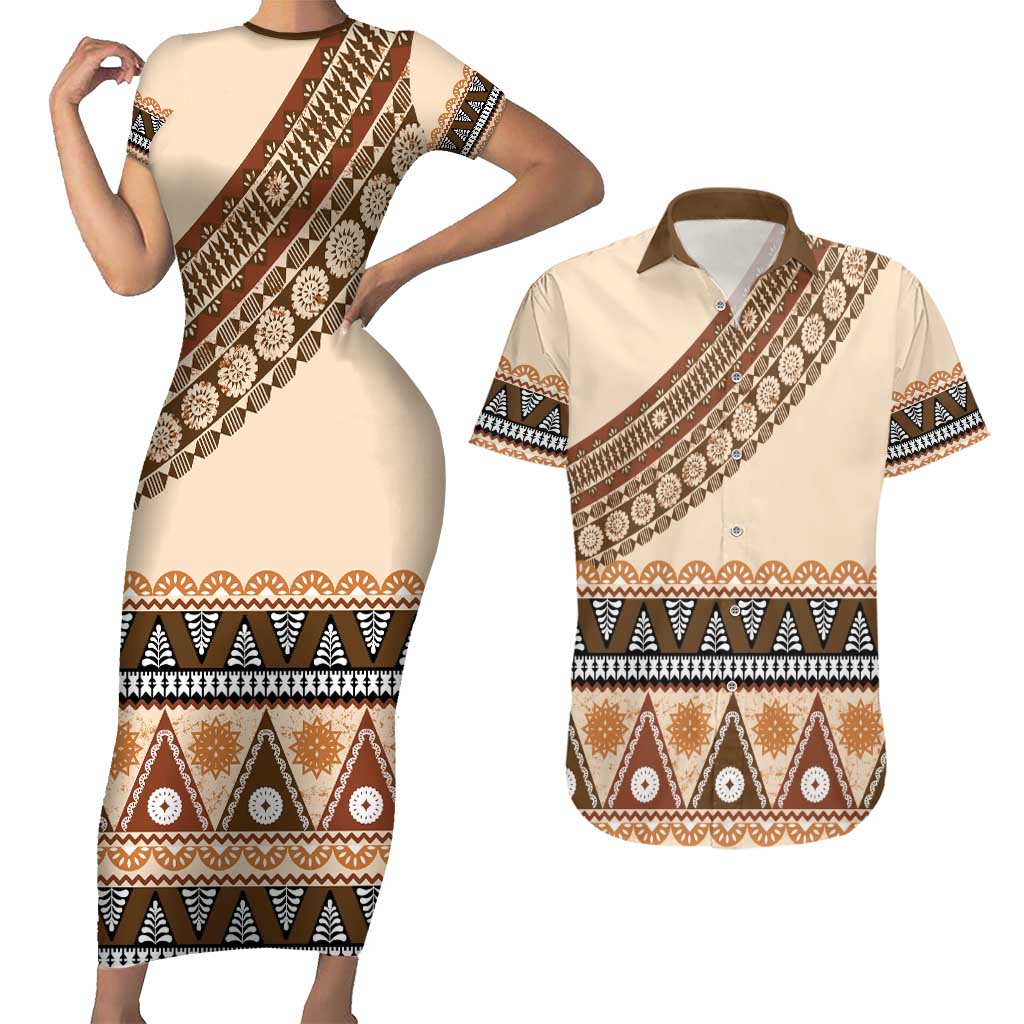 Bula Fiji Couples Matching Short Sleeve Bodycon Dress and Hawaiian Shirt 2025 Pasifika Traditional Fijian Masi LT14 Beige - Polynesian Pride