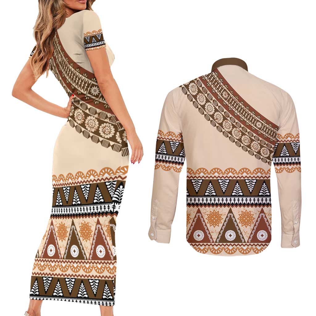 Bula Fiji Couples Matching Short Sleeve Bodycon Dress and Long Sleeve Button Shirt 2025 Pasifika Traditional Fijian Masi LT14 - Polynesian Pride