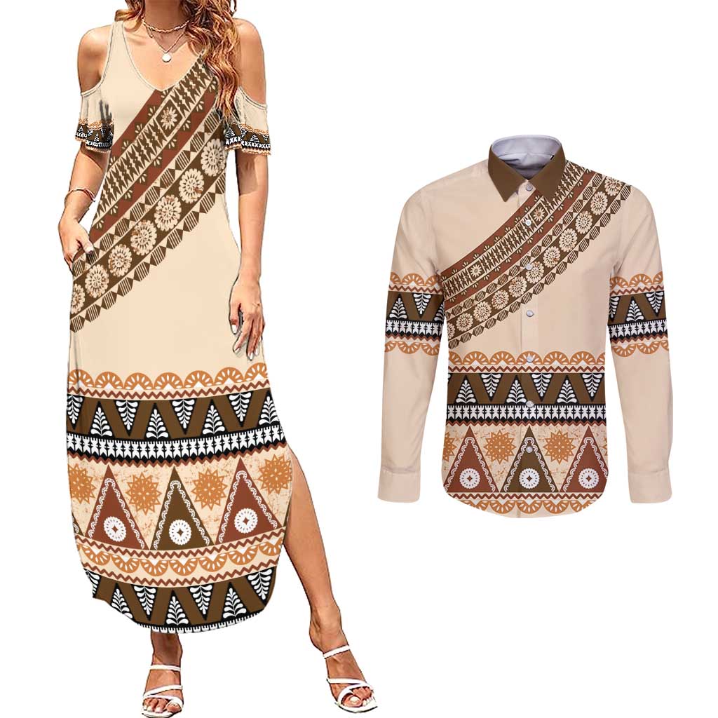 Bula Fiji Couples Matching Summer Maxi Dress and Long Sleeve Button Shirt 2025 Pasifika Traditional Fijian Masi LT14 Beige - Polynesian Pride