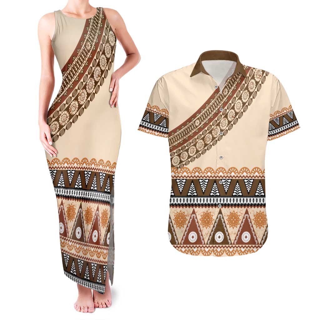 Bula Fiji Couples Matching Tank Maxi Dress and Hawaiian Shirt 2025 Pasifika Traditional Fijian Masi LT14 Beige - Polynesian Pride