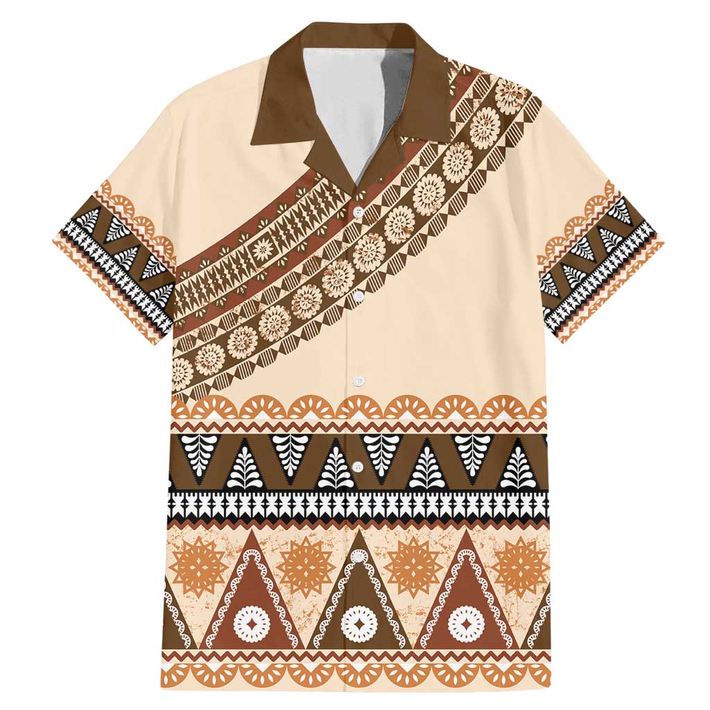 Bula Fiji Family Matching Mermaid Dress and Hawaiian Shirt 2025 Pasifika Traditional Fijian Masi LT14 Dad's Shirt - Short Sleeve Beige - Polynesian Pride