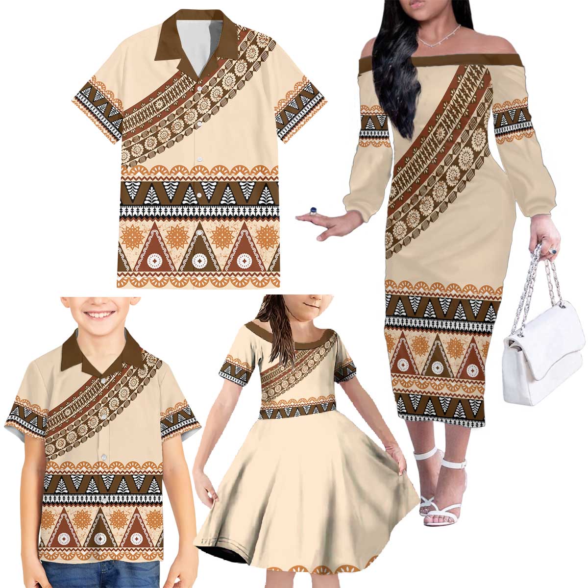 Bula Fiji Family Matching Off The Shoulder Long Sleeve Dress and Hawaiian Shirt 2025 Pasifika Traditional Fijian Masi LT14 - Polynesian Pride