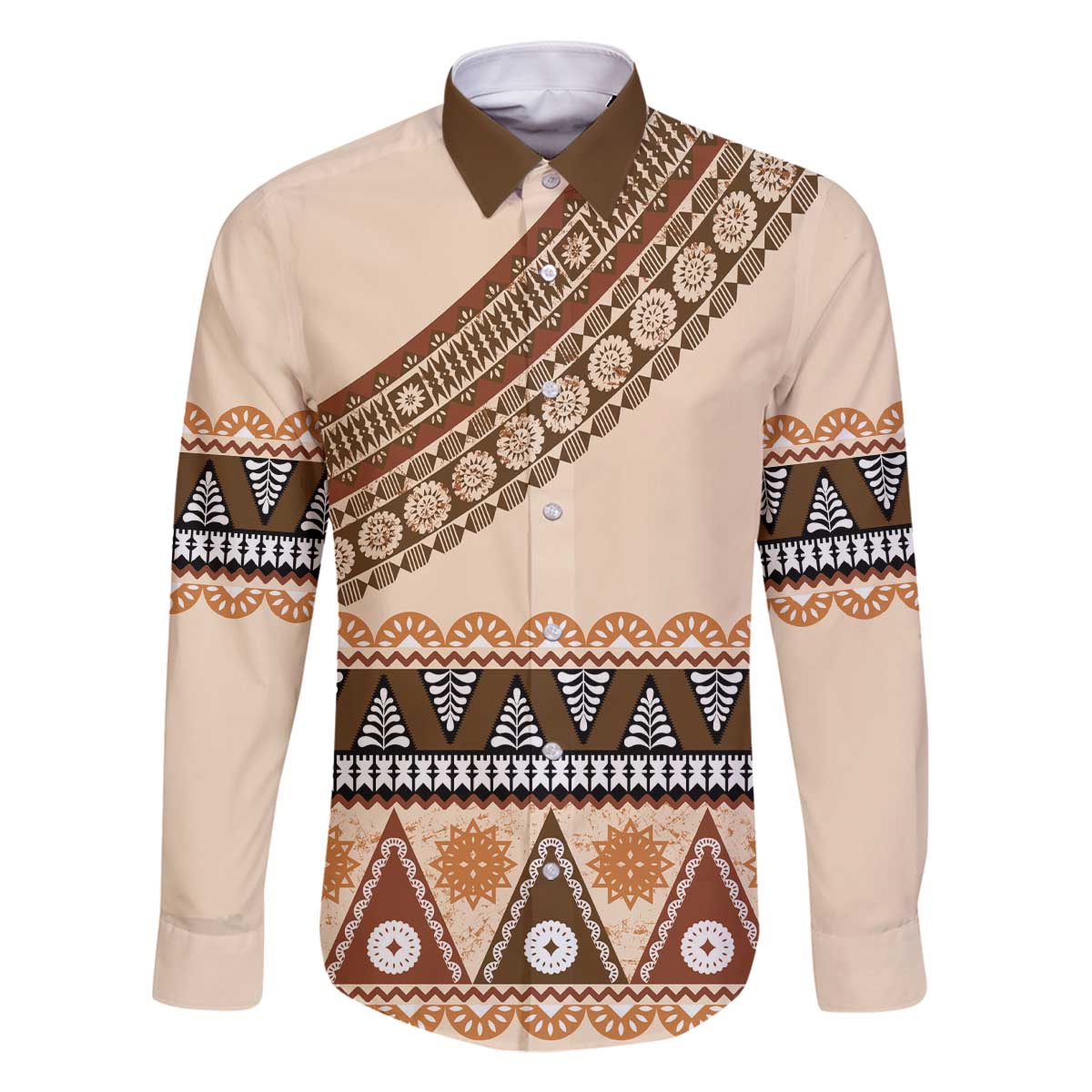 Bula Fiji Family Matching Off The Shoulder Long Sleeve Dress and Hawaiian Shirt 2025 Pasifika Traditional Fijian Masi LT14 Dad's Shirt - Long Sleeve Beige - Polynesian Pride