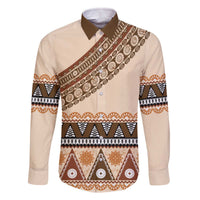 Bula Fiji Family Matching Off The Shoulder Long Sleeve Dress and Hawaiian Shirt 2025 Pasifika Traditional Fijian Masi LT14 Dad's Shirt - Long Sleeve Beige - Polynesian Pride