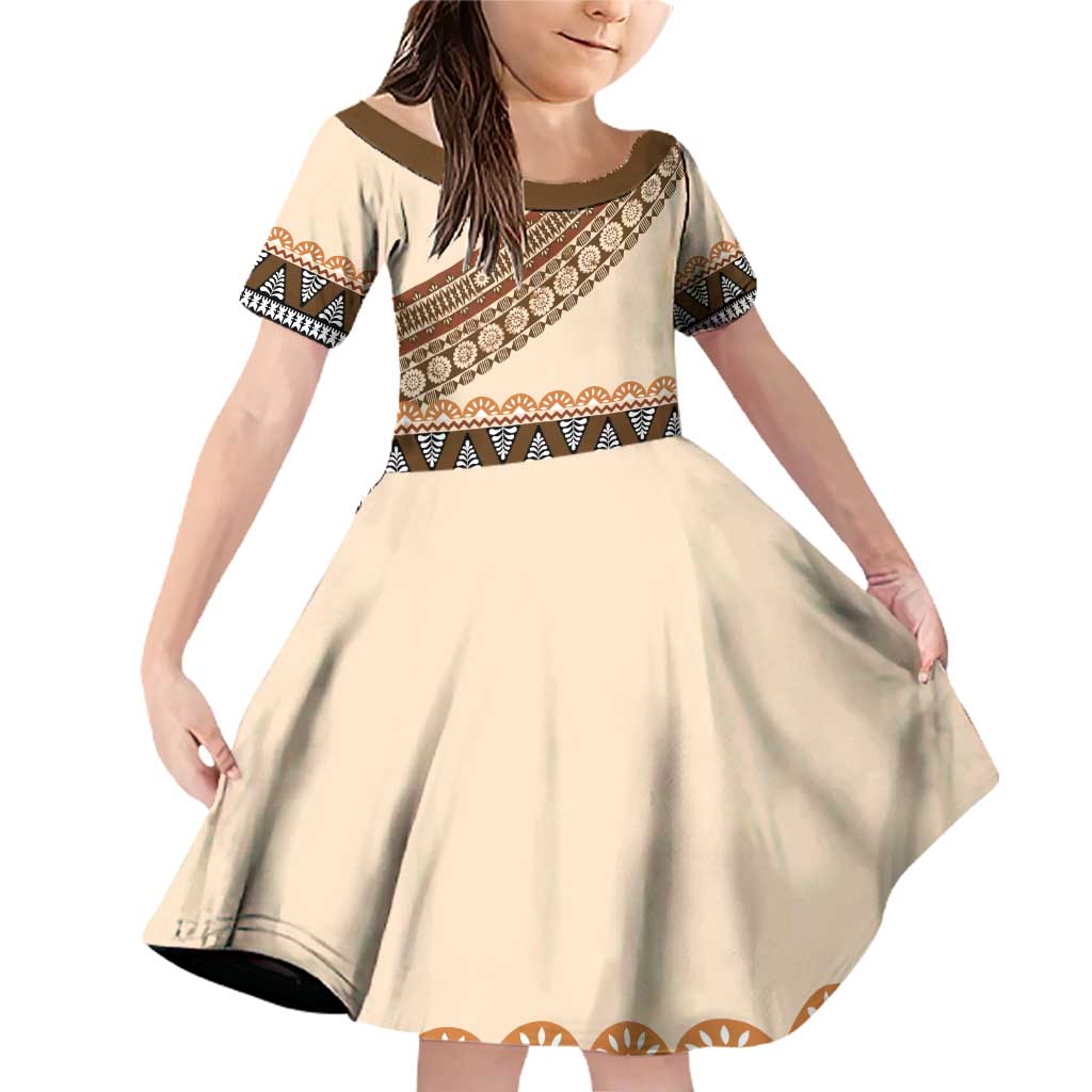 Bula Fiji Family Matching Off Shoulder Short Dress and Hawaiian Shirt 2025 Pasifika Traditional Fijian Masi LT14 Daughter's Dress Beige - Polynesian Pride