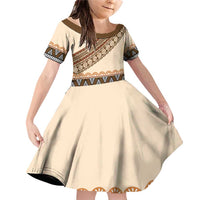 Bula Fiji Family Matching Off Shoulder Short Dress and Hawaiian Shirt 2025 Pasifika Traditional Fijian Masi LT14 Daughter's Dress Beige - Polynesian Pride