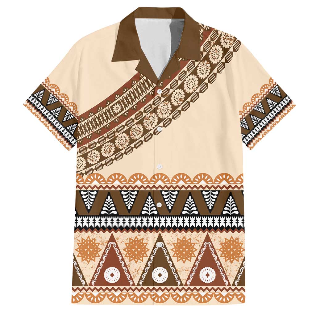 Bula Fiji Family Matching Puletasi and Hawaiian Shirt 2025 Pasifika Traditional Fijian Masi LT14 Dad's Shirt - Short Sleeve Beige - Polynesian Pride