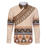 Bula Fiji Family Matching Puletasi and Hawaiian Shirt 2025 Pasifika Traditional Fijian Masi LT14 Dad's Shirt - Long Sleeve Beige - Polynesian Pride