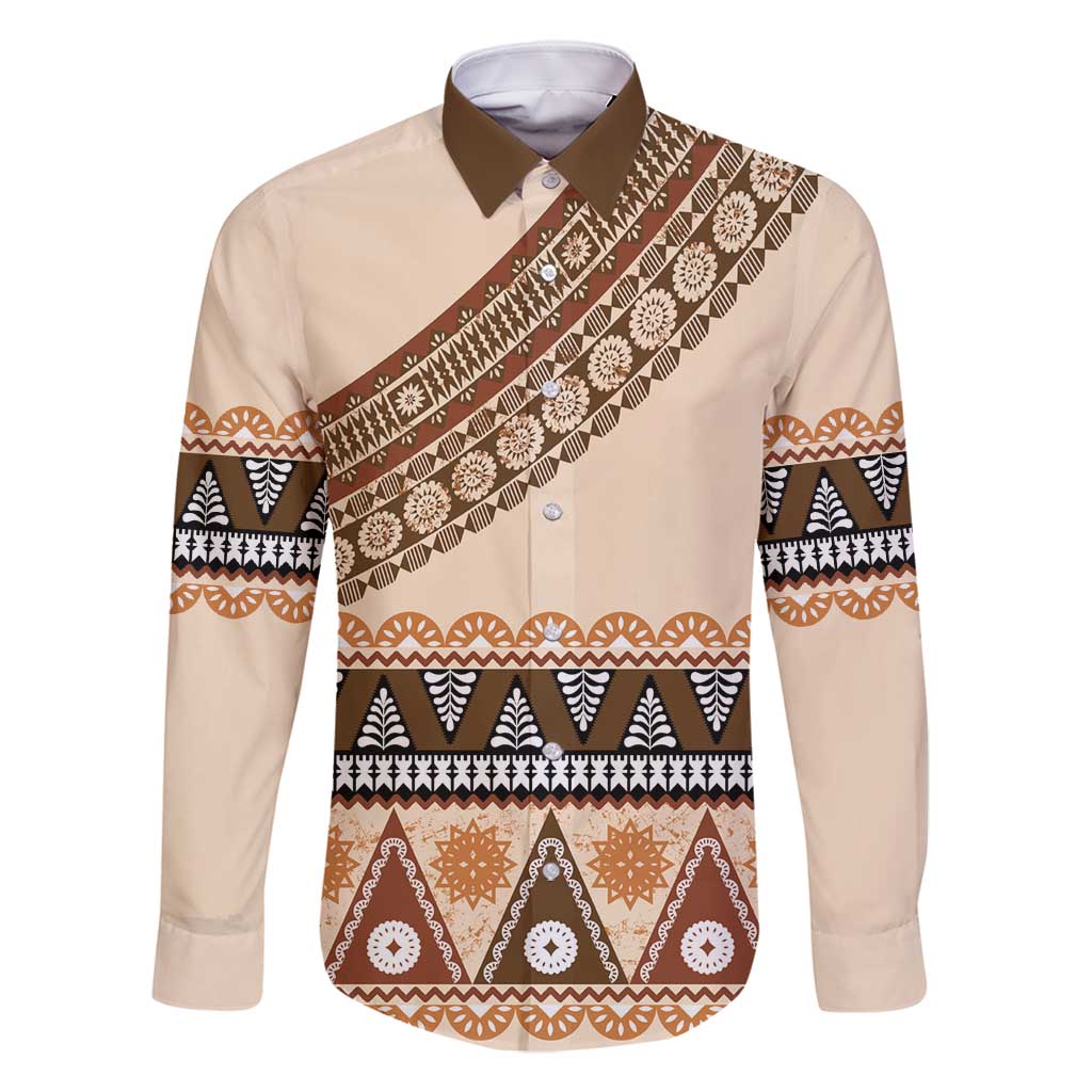 Bula Fiji Family Matching Summer Maxi Dress and Hawaiian Shirt 2025 Pasifika Traditional Fijian Masi LT14 Dad's Shirt - Long Sleeve Beige - Polynesian Pride