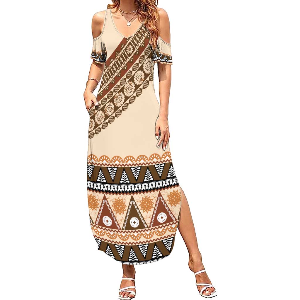 Bula Fiji Family Matching Summer Maxi Dress and Hawaiian Shirt 2025 Pasifika Traditional Fijian Masi LT14 Mom's Dress Beige - Polynesian Pride