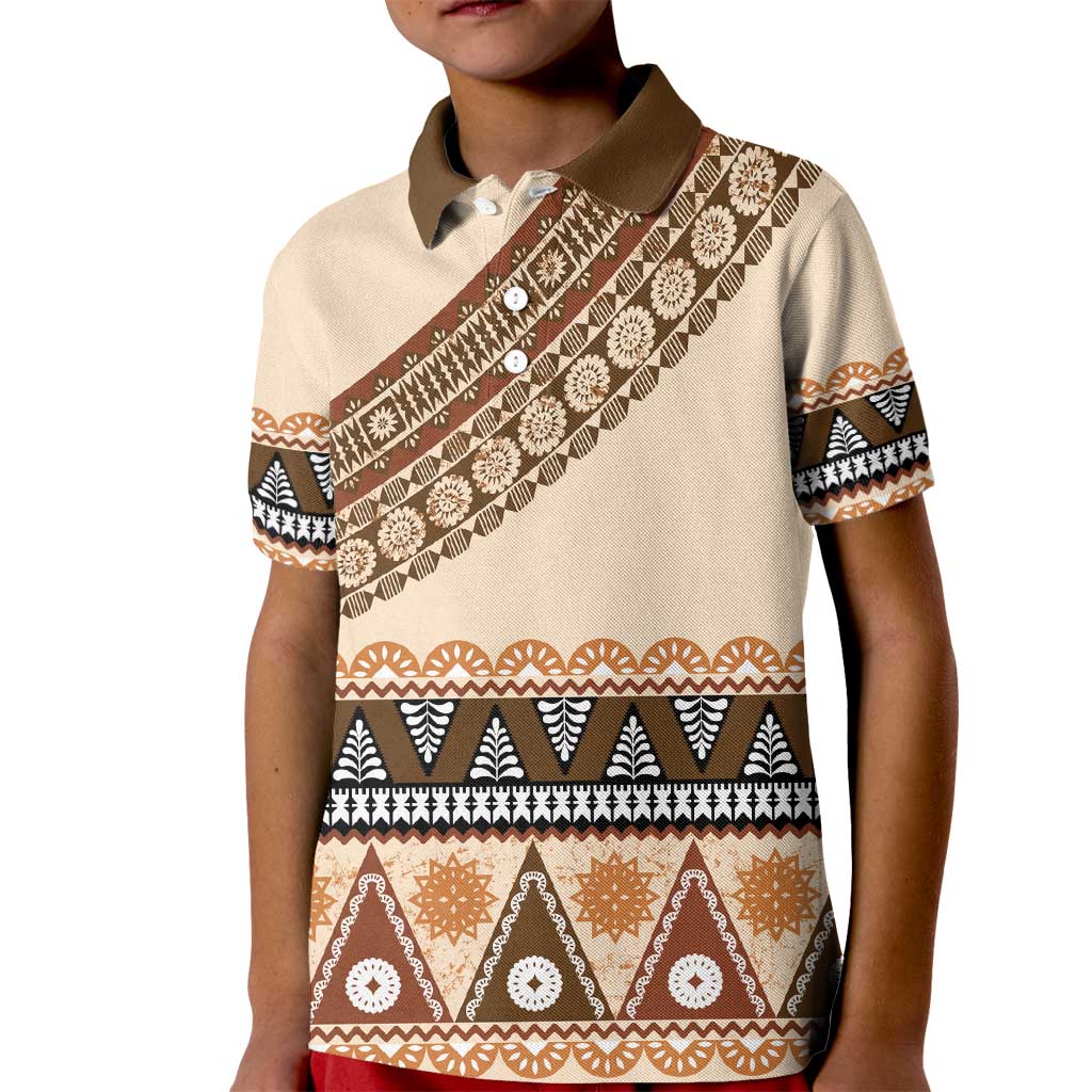 Bula Fiji Kid Polo Shirt 2025 Pasifika Traditional Fijian Masi LT14 Kid Beige - Polynesian Pride