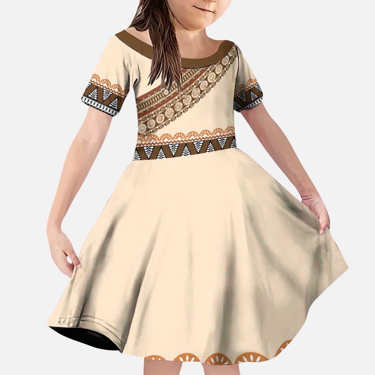 Bula Fiji Kid Short Sleeve Dress 2025 Pasifika Traditional Fijian Masi LT14 KID Beige - Polynesian Pride