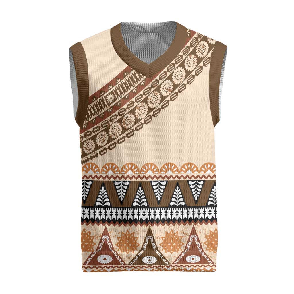 Bula Fiji Christmas Knitted V-Neck Vest 2025 Pasifika Traditional Fijian Masi LT14 Beige - Polynesian Pride