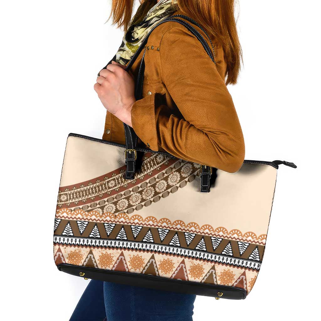 Bula Fiji Leather Tote Bag 2025 Pasifika Traditional Fijian Masi LT14 Beige - Polynesian Pride
