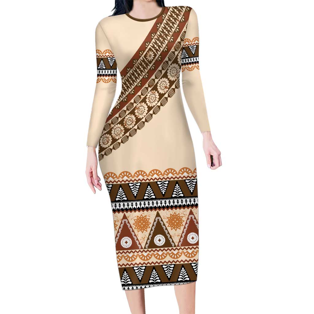 Bula Fiji Long Sleeve Bodycon Dress 2025 Pasifika Traditional Fijian Masi LT14 Long Dress Beige - Polynesian Pride