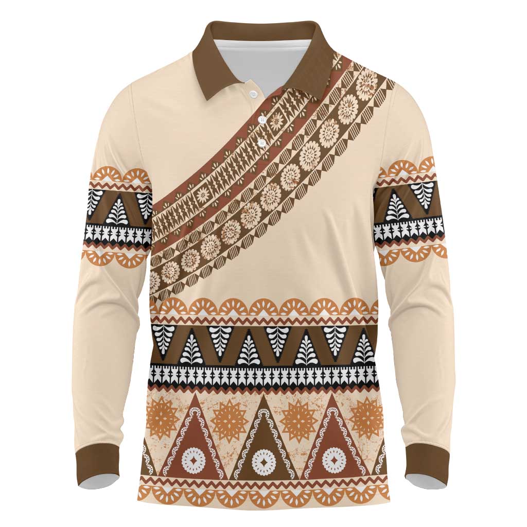 Bula Fiji Long Sleeve Polo Shirt 2025 Pasifika Traditional Fijian Masi LT14 Beige - Polynesian Pride