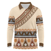 Bula Fiji Long Sleeve Polo Shirt 2025 Pasifika Traditional Fijian Masi LT14 Beige - Polynesian Pride
