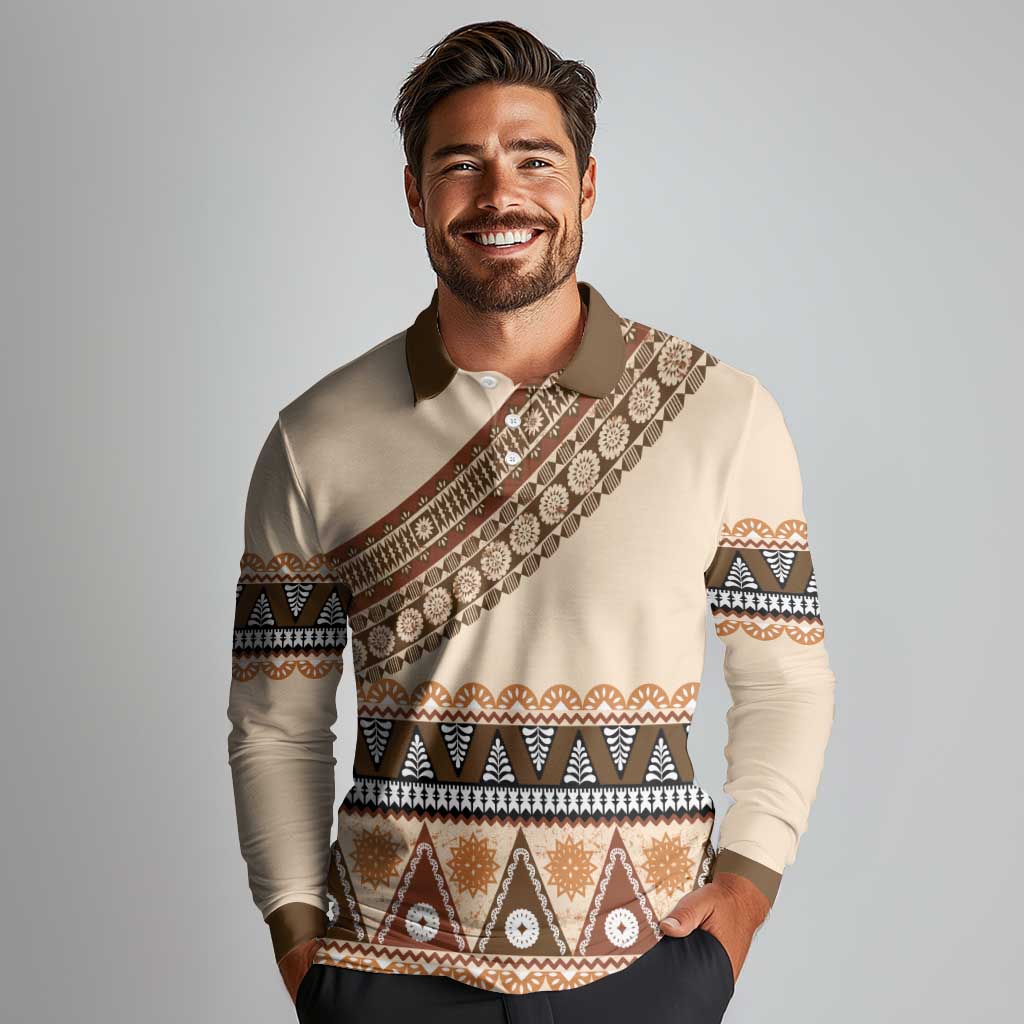 Bula Fiji Long Sleeve Polo Shirt 2025 Pasifika Traditional Fijian Masi LT14 - Polynesian Pride